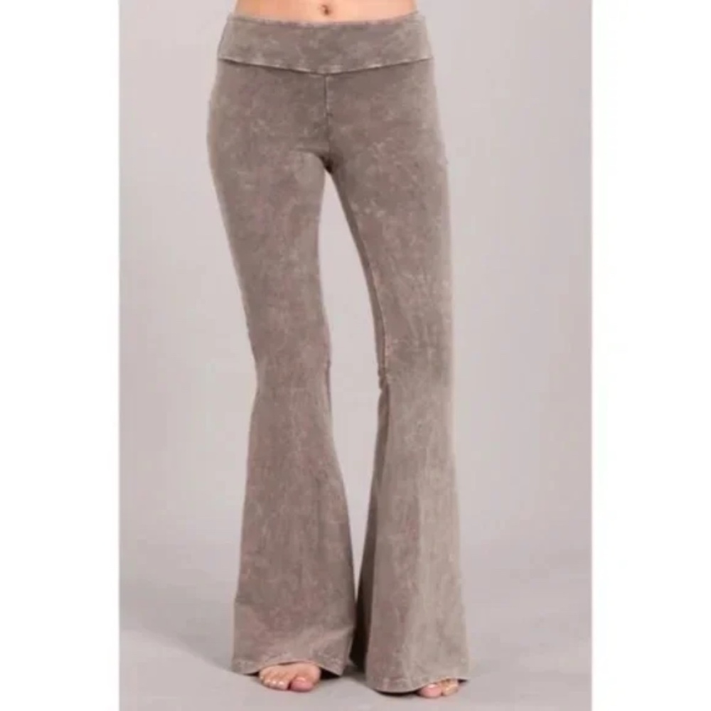 SOLD OUT Desert Taupe Mineral Wash French Terry Flared Bell Bottom Pull On Pants - Picture 3 of 5